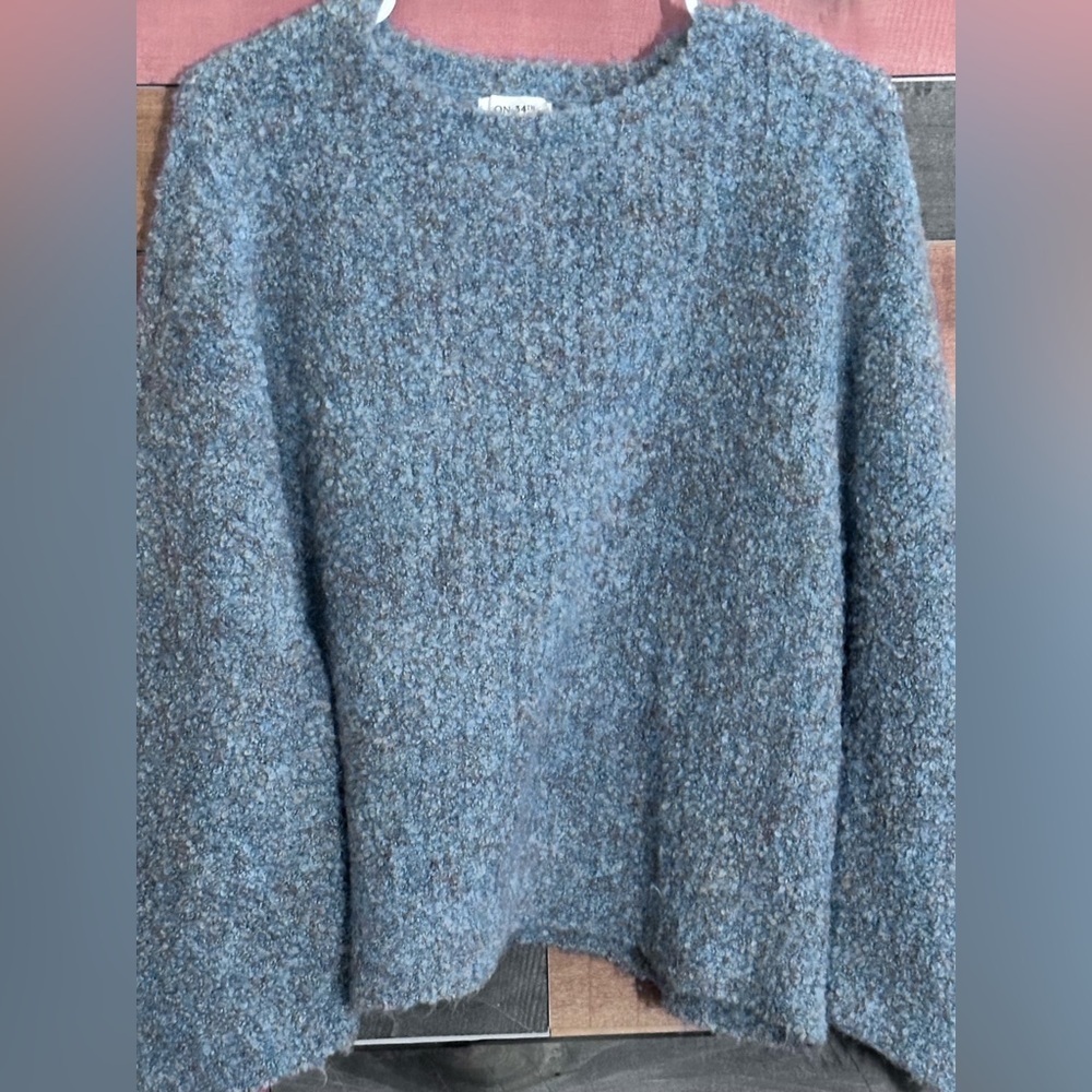 Blue Bouclé Textured Cozy Sweater – Slouchy Balloon Sleeve Knit